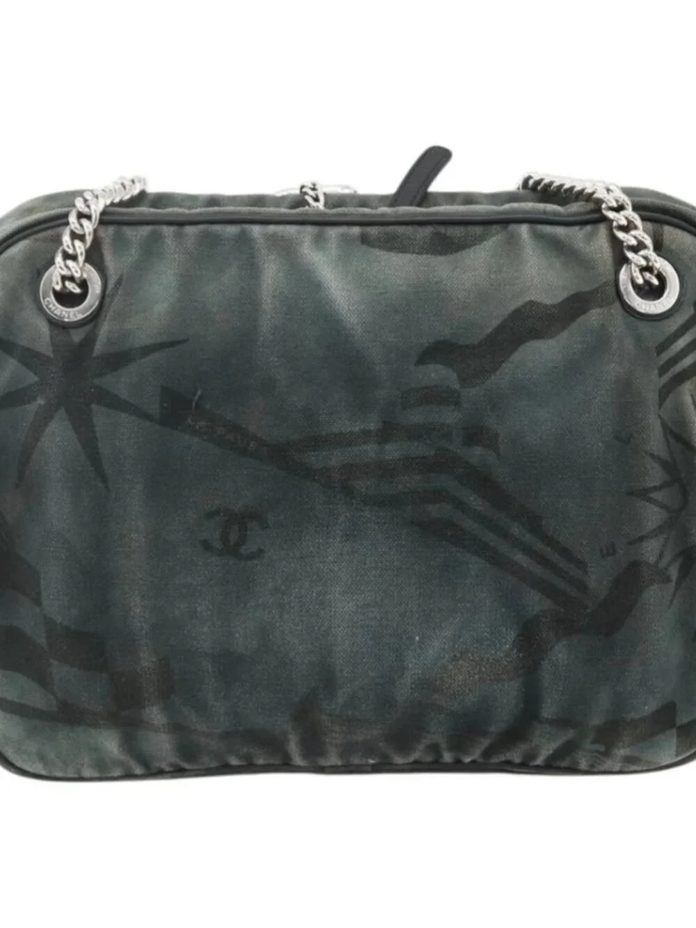 CHANEL Chain Shoulder Bag Canvas Black Silver CC Auth bs33649